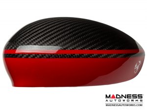 FIAT 500 Mirror Covers - Carbon Fiber - Red Racing Stripe w/ White Scorpion V3